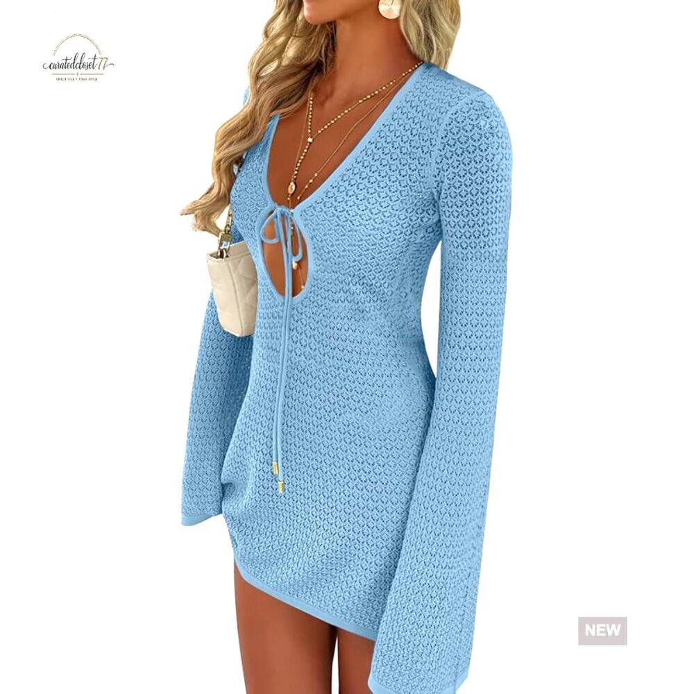 Crochet Mesh Knit Beach Cover Up Dress V Neck Long Sleeve Summer Swimwear